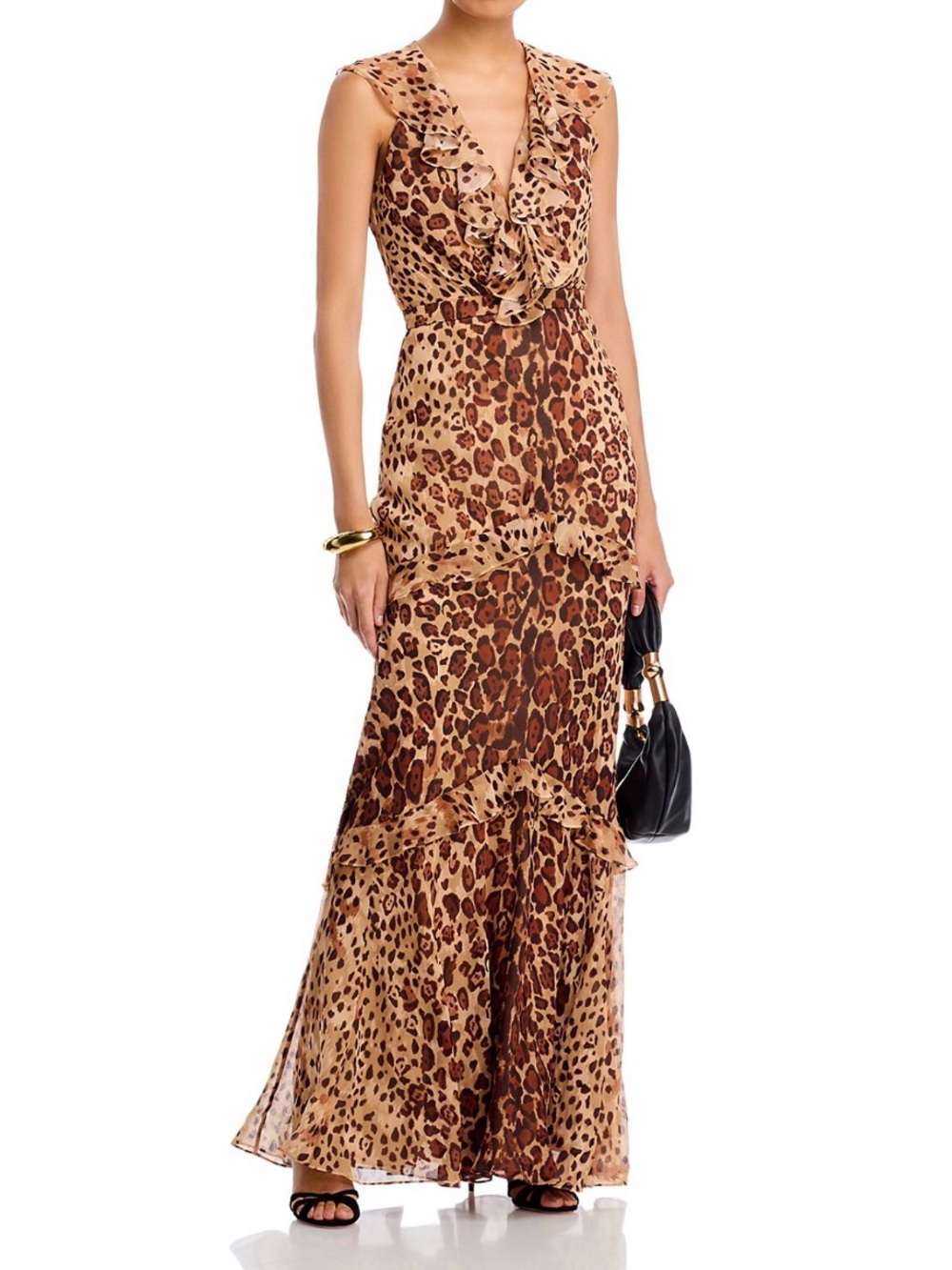NWT SALONI Rita Leopard-Print Ruffle V-Neck Maxi Dress - Brown/Tan